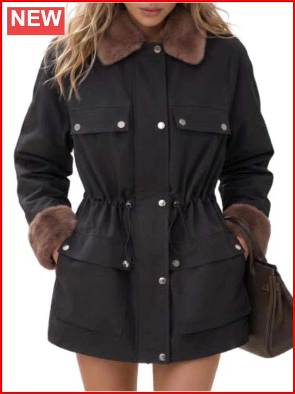 Women Winter Faux Fur Collar Trench Coat Zip Up Windproof
